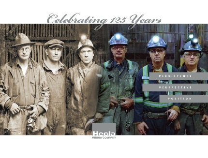 Photo of current Hecla miners and miners from 125 years ago.